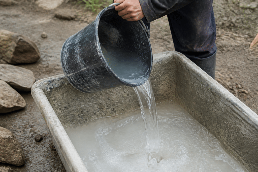 Eau versée dans auge avant poudre blanche
