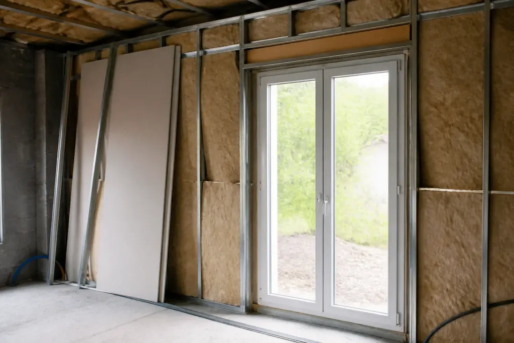 Chantier construction mur isolé doublé placo porte fenetre
