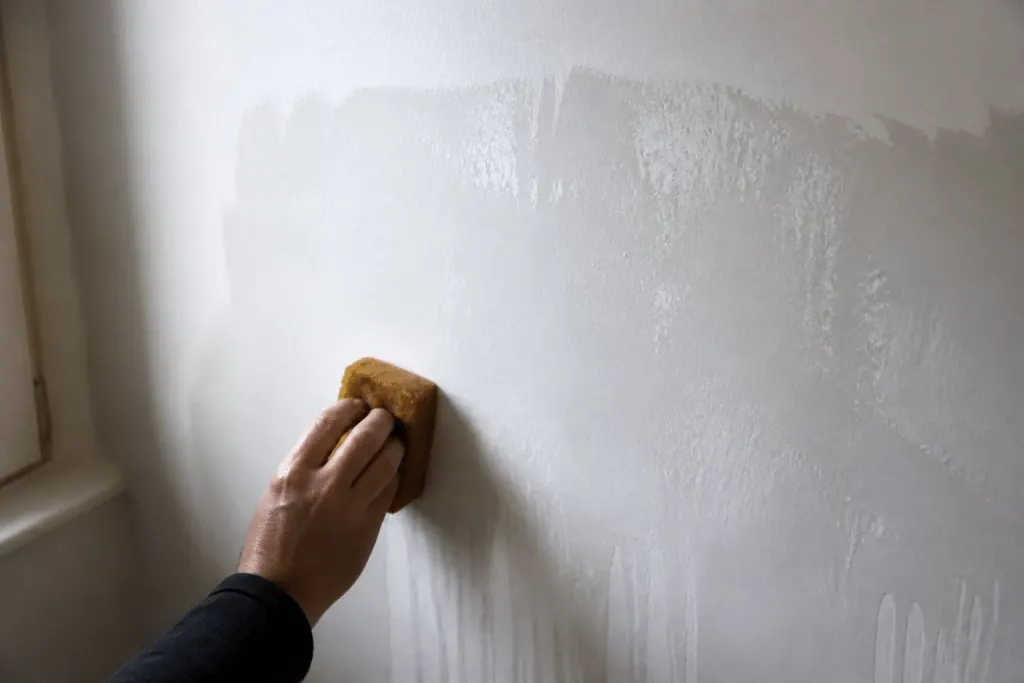 Mur humide nettoyé à l'éponge mouillée, résidus blancs visibles