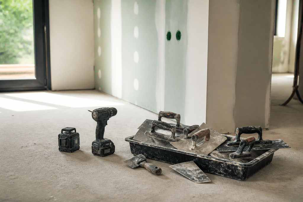 Visseuse, niveau laser et outils de plâtrier sur chantier