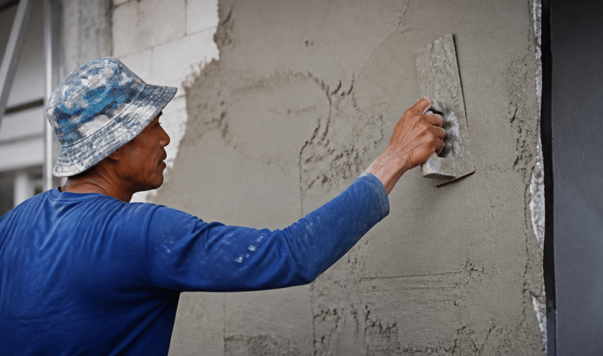 Ouvrier appliquant ciment gris sur mur avec spatule large