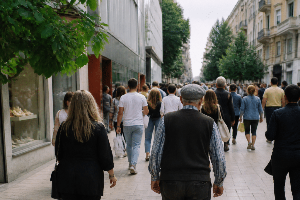 Centre-ville animé avec commerces et piétons circulant librement