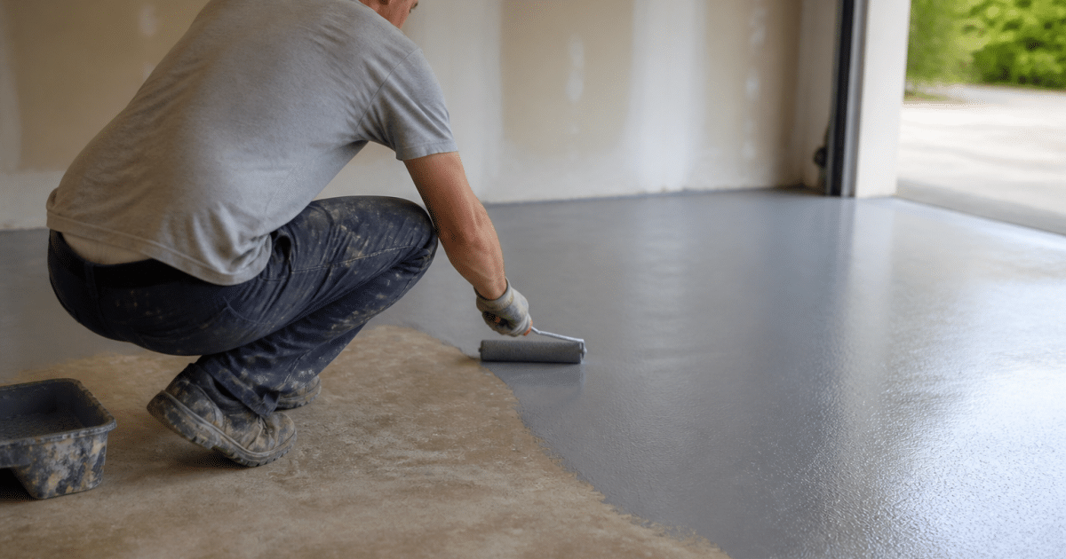 Personne accroupie appliquant peinture grise sur beton garage