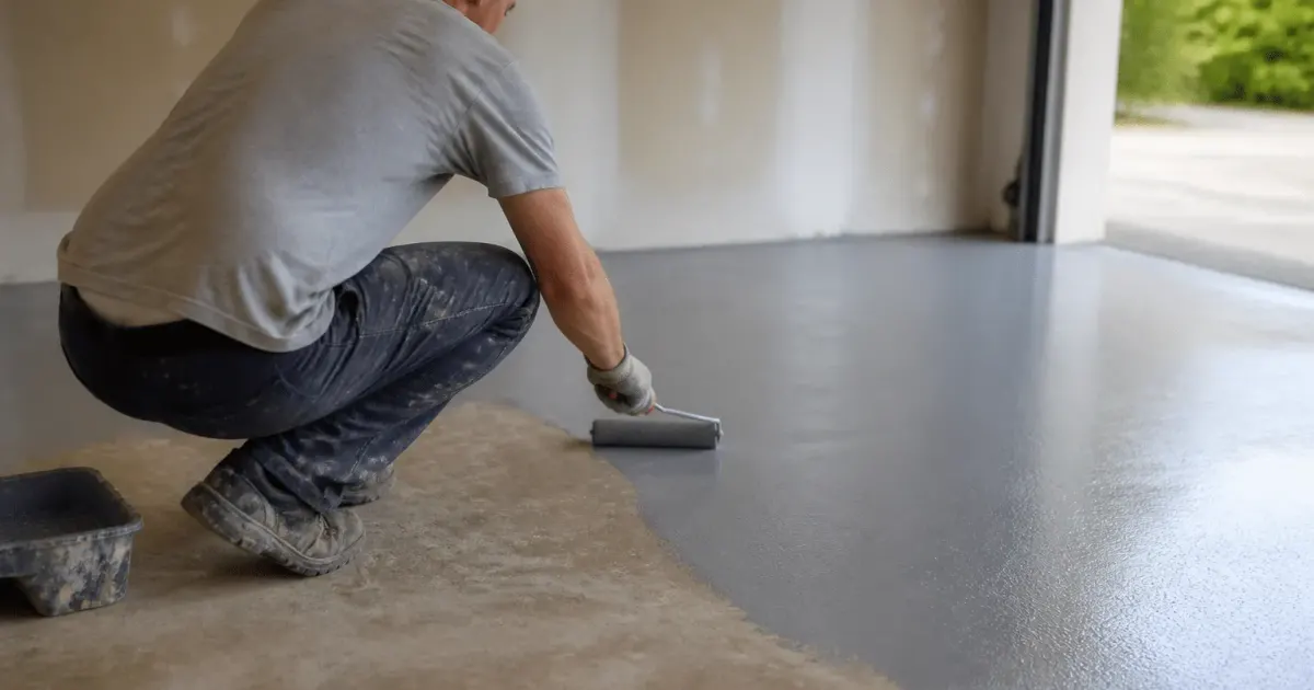 Personne accroupie appliquant peinture grise sur beton garage