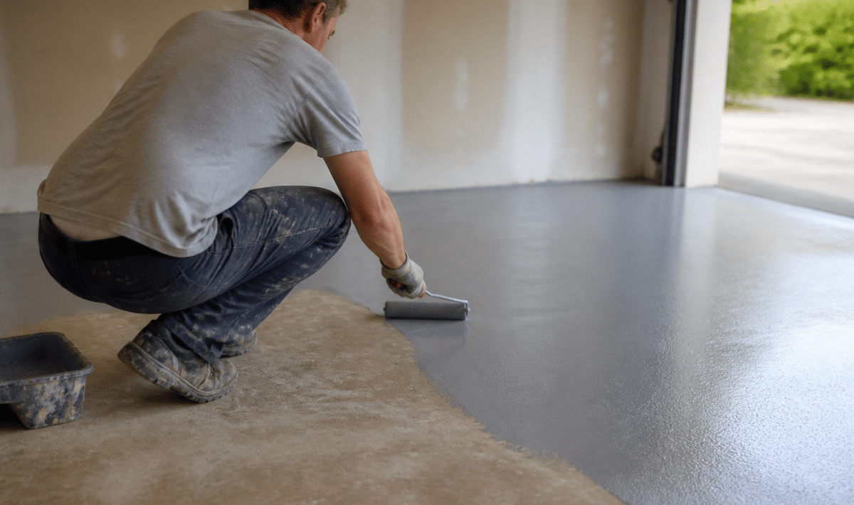 Personne accroupie appliquant peinture grise sur beton garage