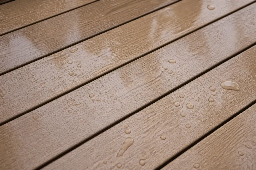 Plancher teck clair mouille avec gouttes eau brillantes