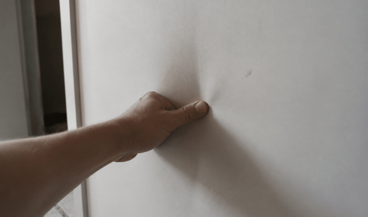 Main appuyant sur plaque de platre qui se deforme vers l'interieur