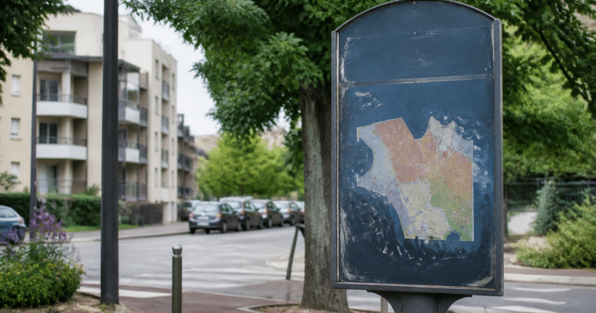 Panneau indicateur affichant population Bezons sur fond urbain