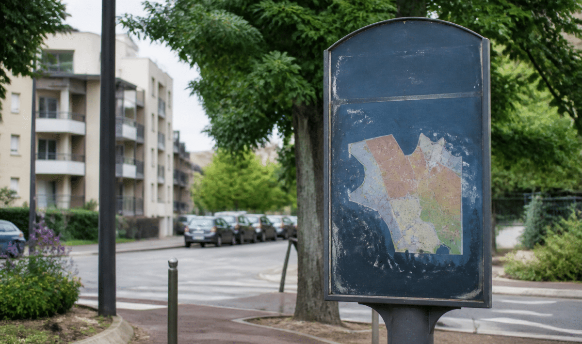 Panneau indicateur affichant population Bezons sur fond urbain