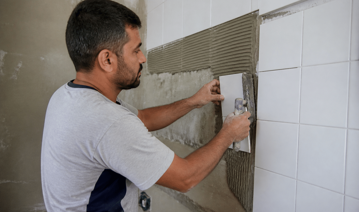 Ouvrier appliquant carreaux blancs sur mur vertical avec spatule