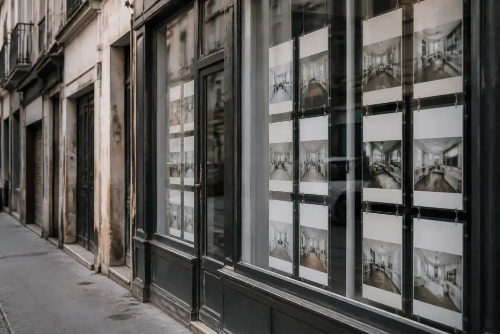 Panneaux immobiliers affichant prix bas quartier urbain