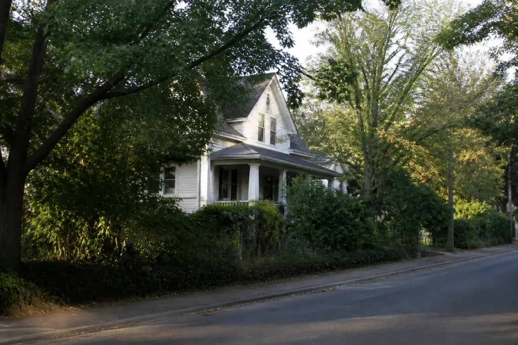 Maison familiale entourée d'arbres, rue calme résidentielle