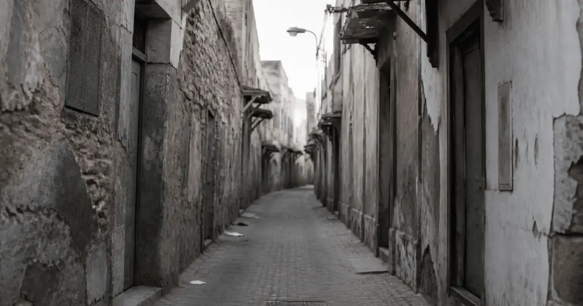 rue etroite avec batiments degrades et rues desertes