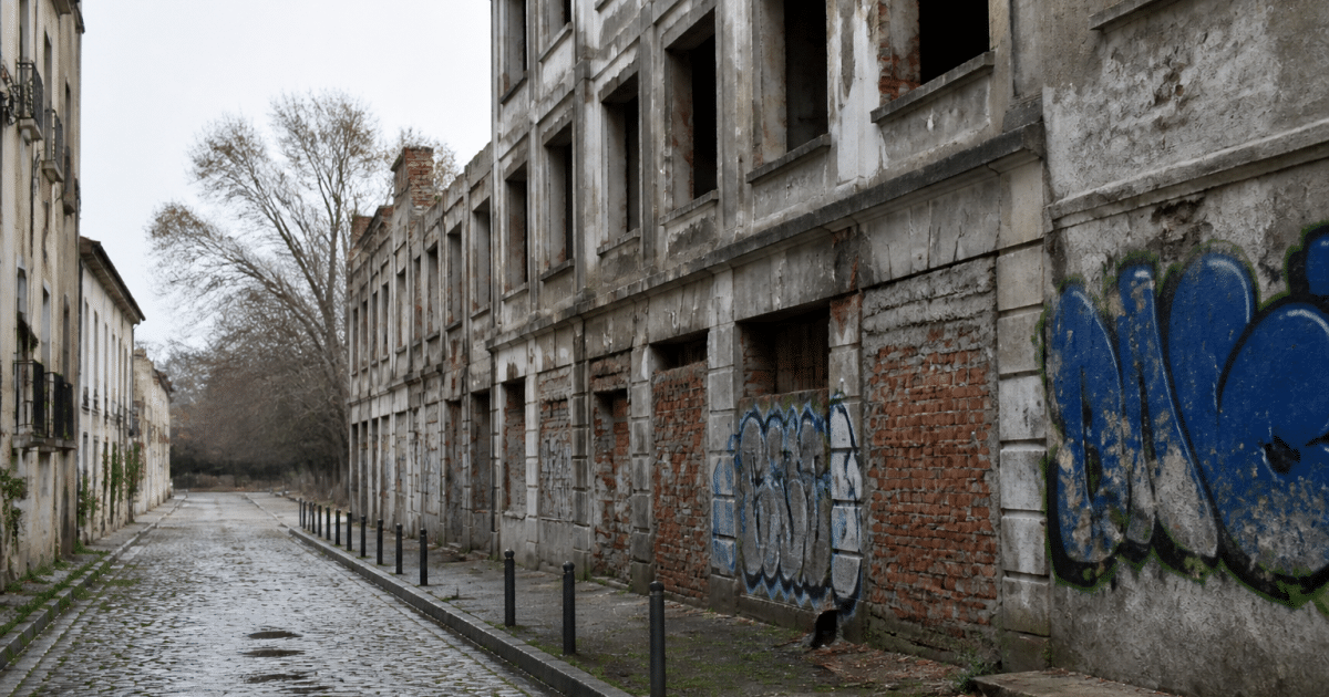 Rues urbaines dégradées avec immeubles abandonnés et graffitis visibles