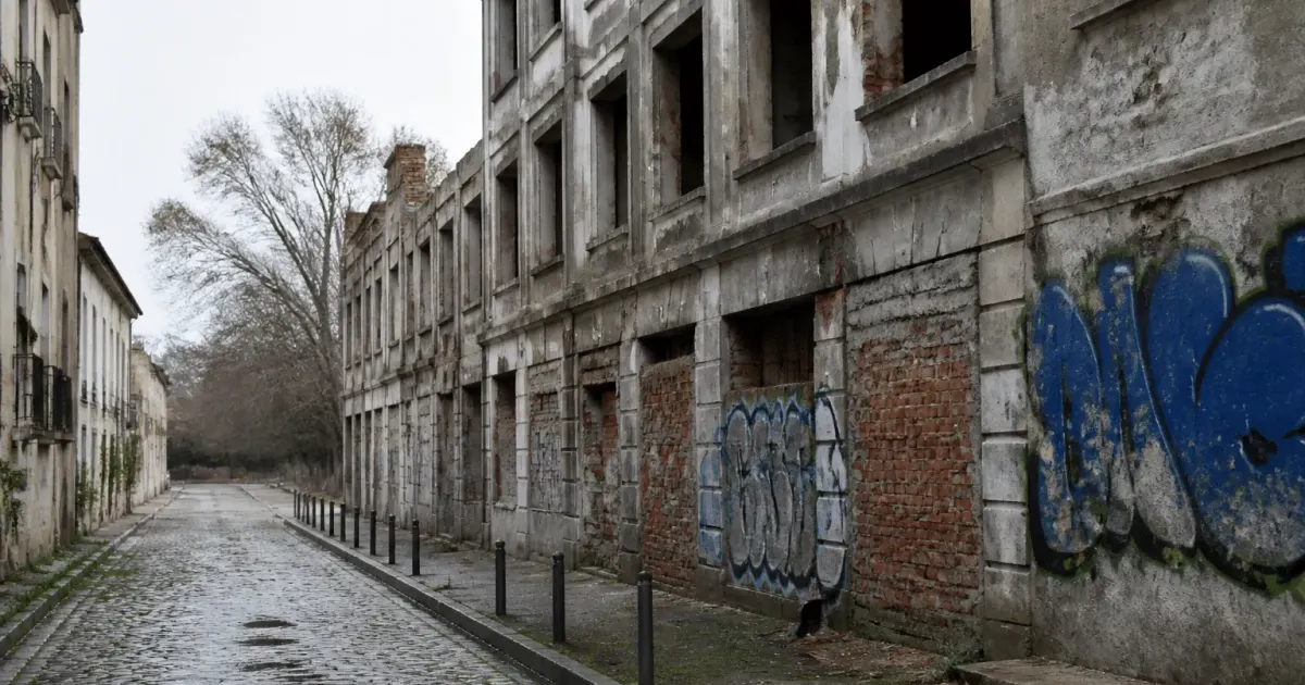 Rues urbaines dégradées avec immeubles abandonnés et graffitis visibles