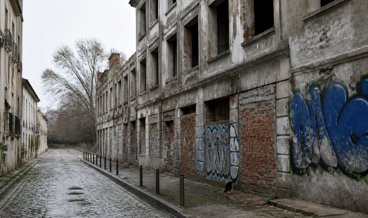 Rues urbaines dégradées avec immeubles abandonnés et graffitis visibles