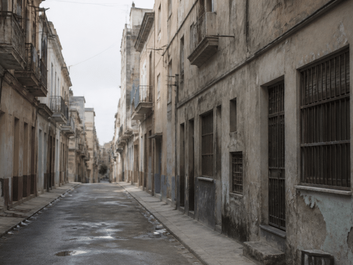 Rues urbaines degradees avec immeubles delabres et facades ternies