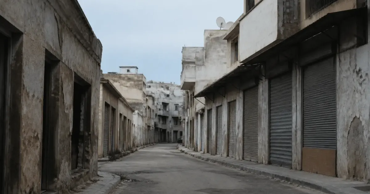 Rue urbaine avec immeubles delabres et commerces fermes