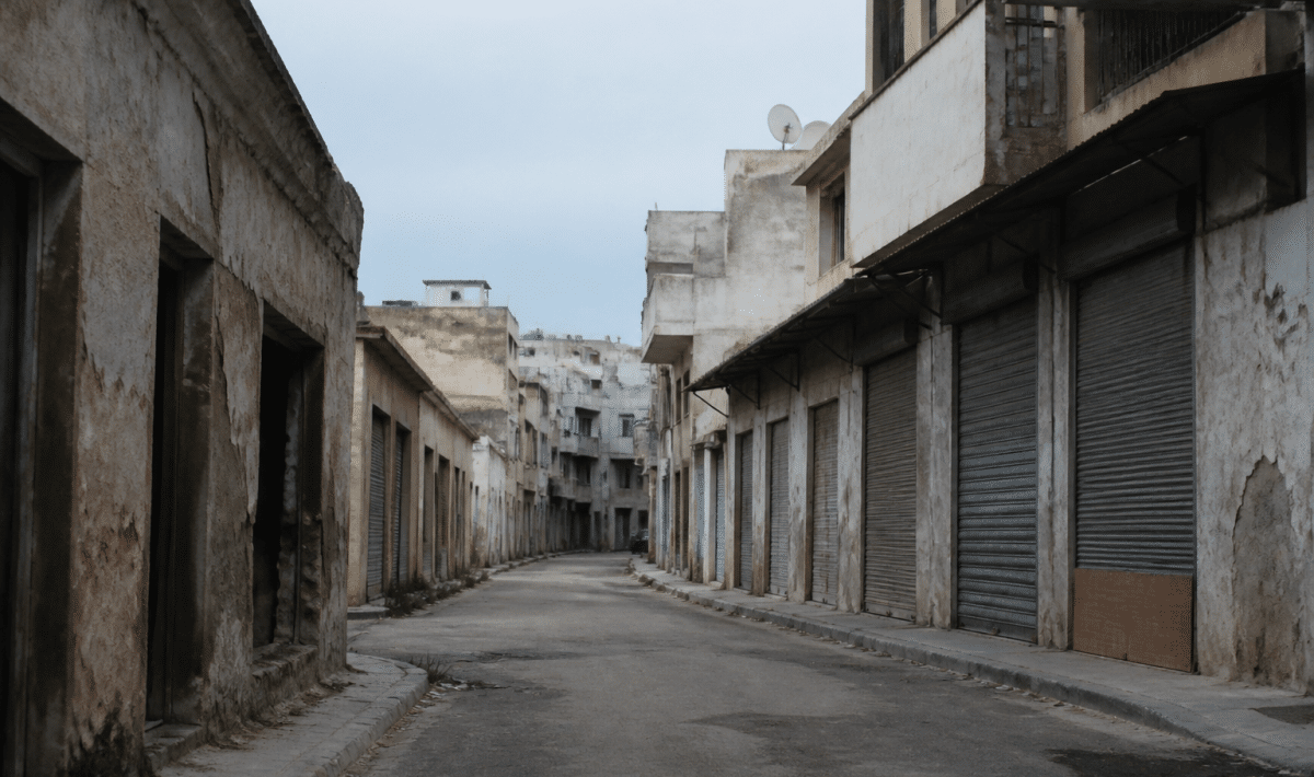 Rue urbaine avec immeubles delabres et commerces fermes
