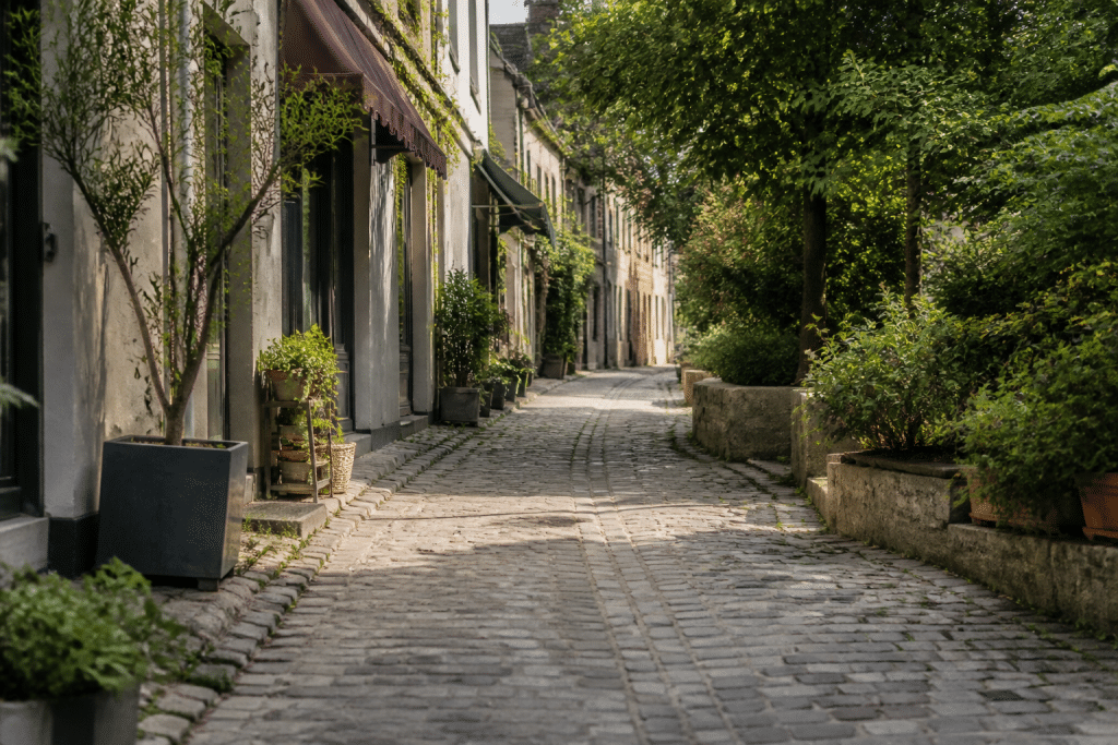 Ruelles pavées, commerces locaux et espaces verts résidentiels