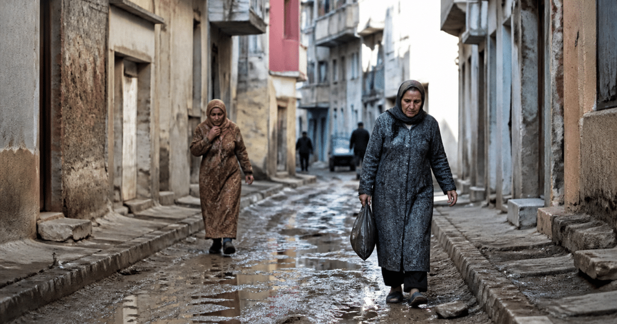 Rue urbaine avec immeubles délabres et habitants marchant prudemment