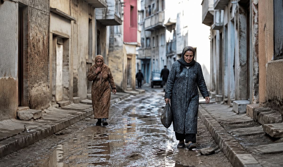 Rue urbaine avec immeubles délabres et habitants marchant prudemment