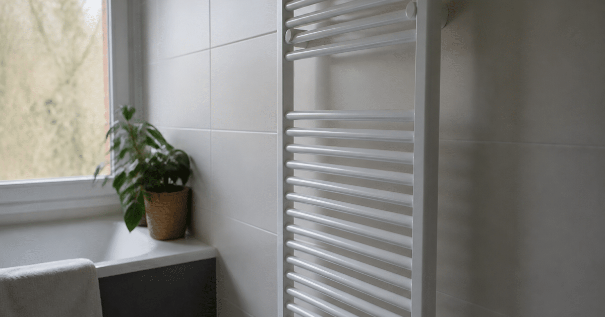 Radiateur metallique blanc fixe verticalement mur salle bain