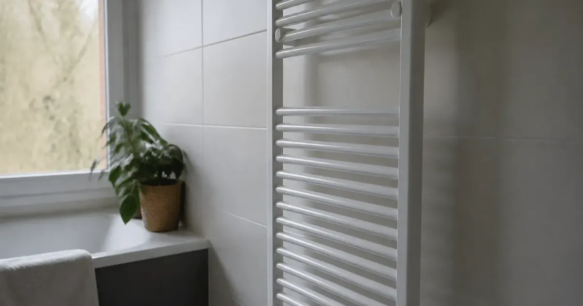 Radiateur metallique blanc fixe verticalement mur salle bain