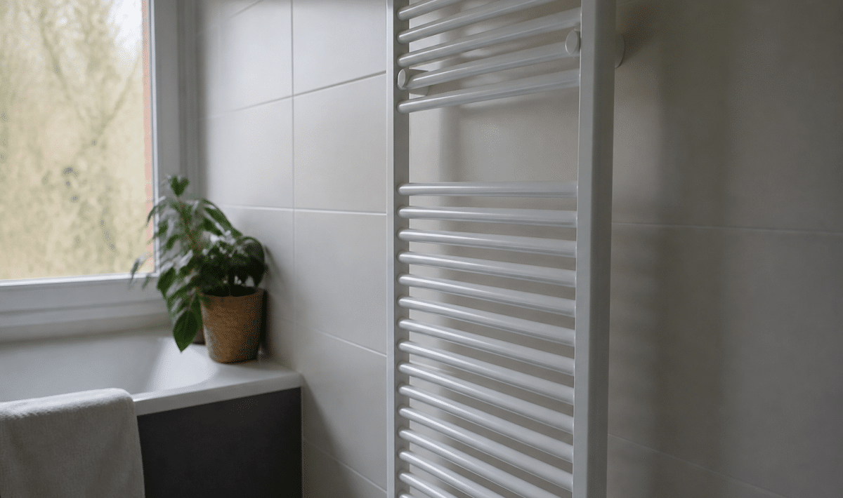 Radiateur metallique blanc fixe verticalement mur salle bain