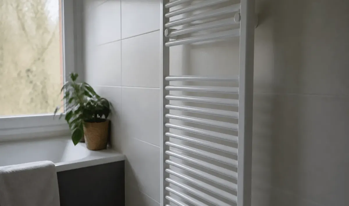 Radiateur metallique blanc fixe verticalement mur salle bain