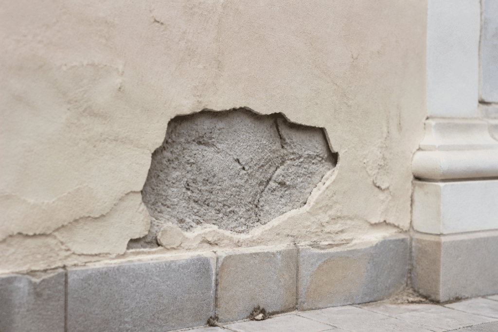 Facade avec trou de ciment sec attendant reparation