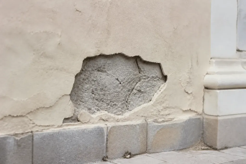 Facade avec trou de ciment sec attendant reparation