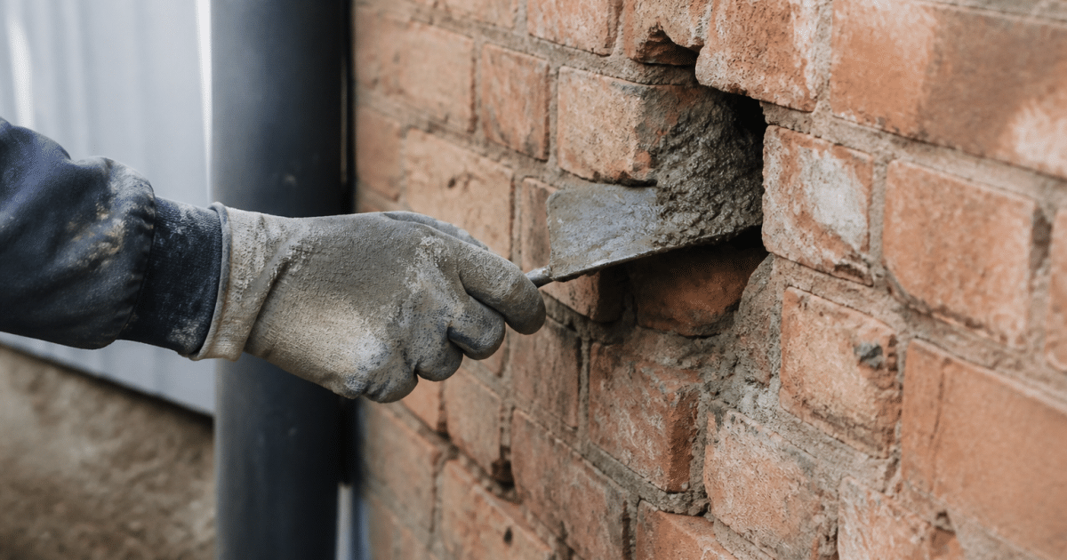 Main appliquant du ciment gris dans trou mur brique