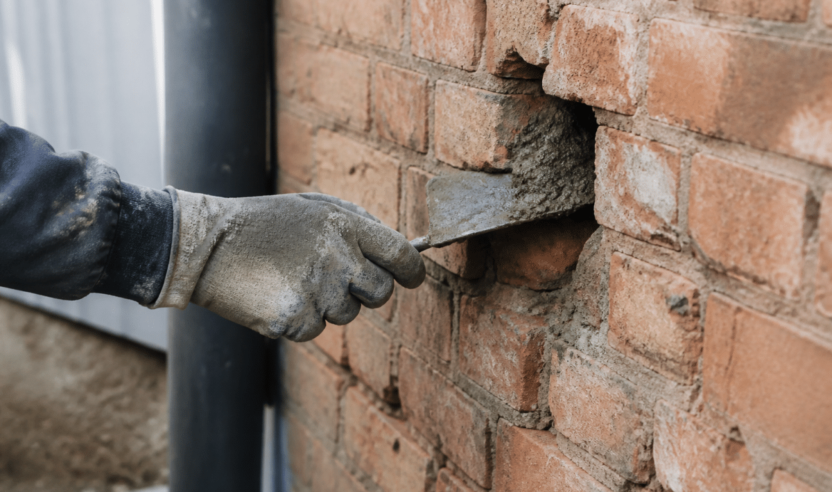 Main appliquant du ciment gris dans trou mur brique