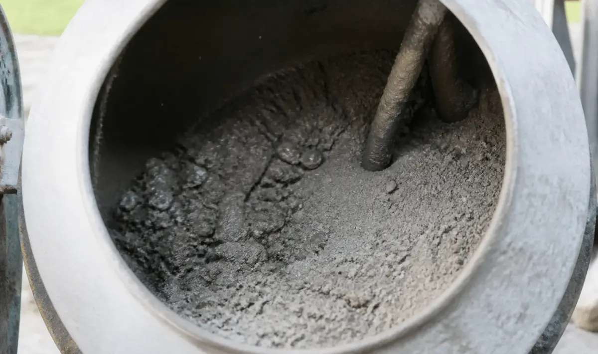 Sable et ciment mélangés dans bétonnière pour dosage béton