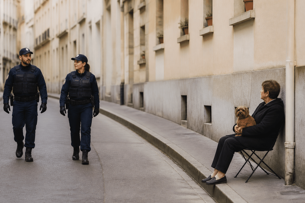 Rues calmes avec patrouille policière et habitants sereins