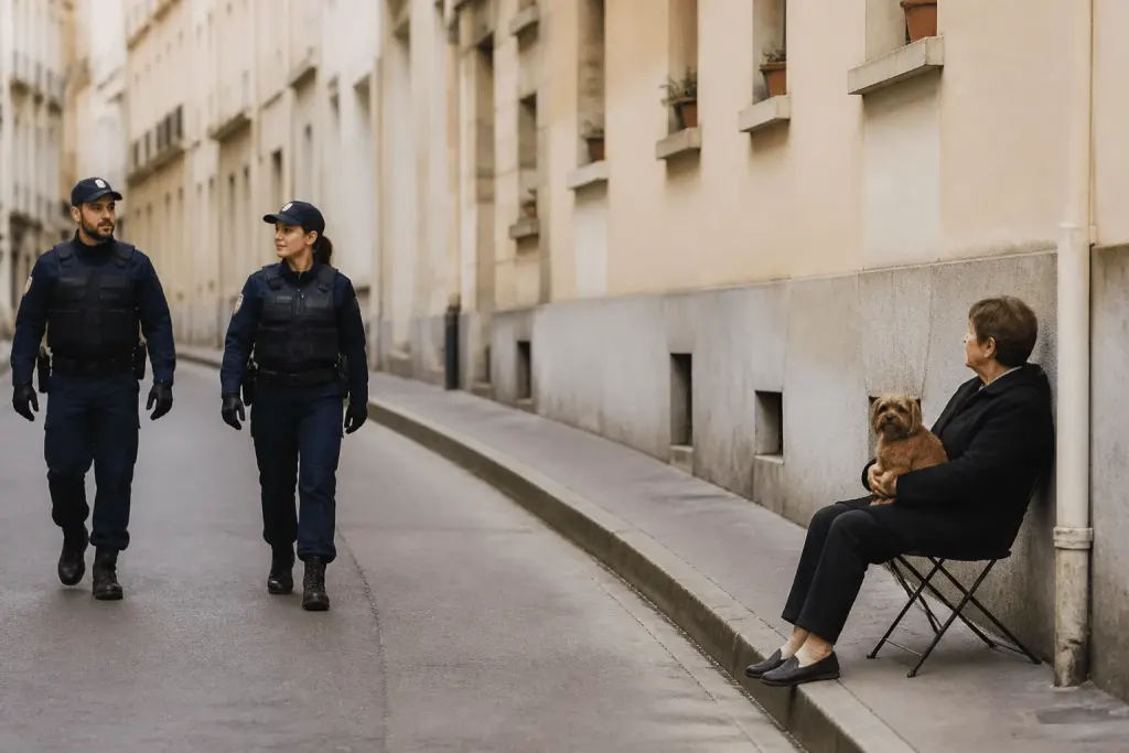 Rues calmes avec patrouille policière et habitants sereins
