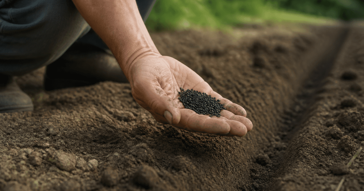 Main tenenant des graines noires pres d'un sillon de terre