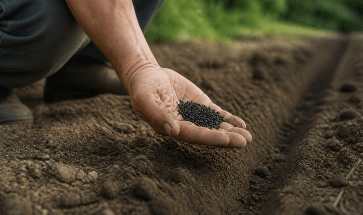 Main tenenant des graines noires pres d'un sillon de terre