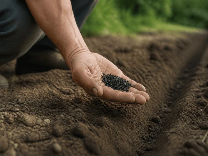 Main tenenant des graines noires pres d'un sillon de terre