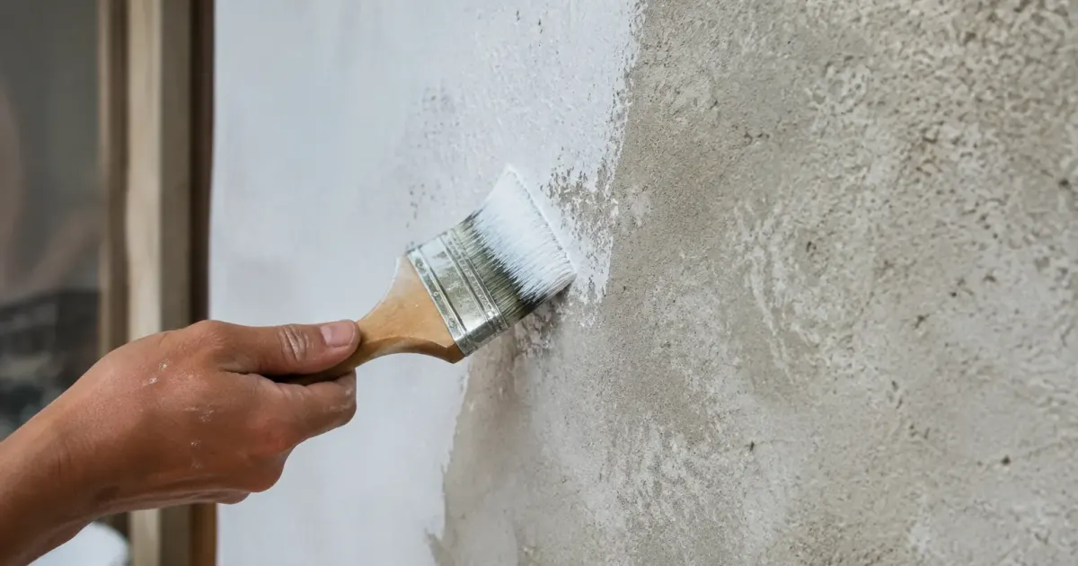 Brosse appliquant une couche blanche sur mur brut