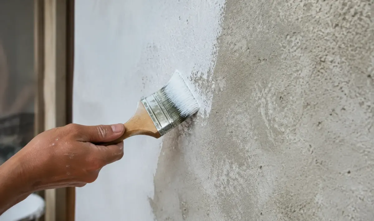 Brosse appliquant une couche blanche sur mur brut