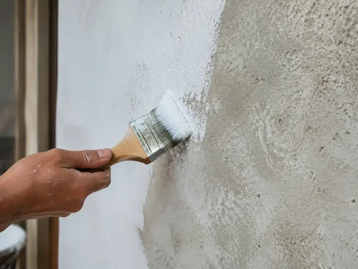 Brosse appliquant une couche blanche sur mur brut