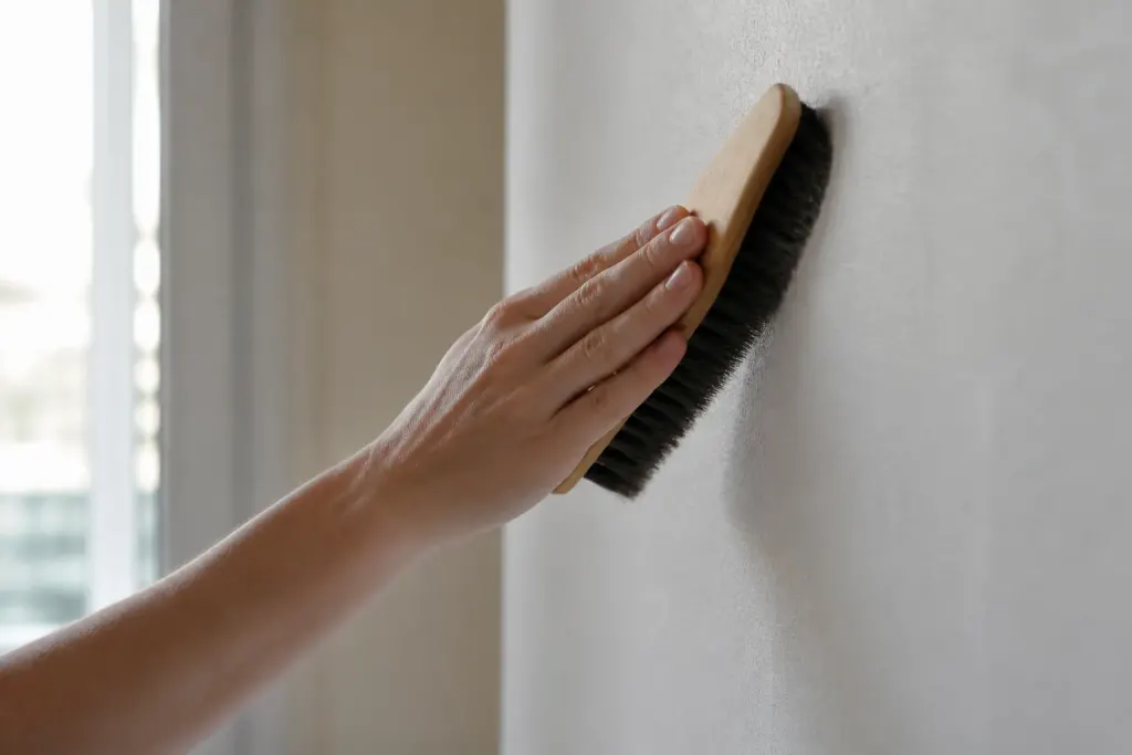 Main posee mur brosse douce poussiere