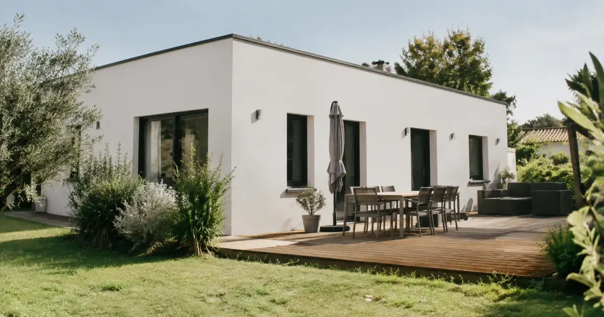 Maison basse murs blancs, toiture plate et terrasse