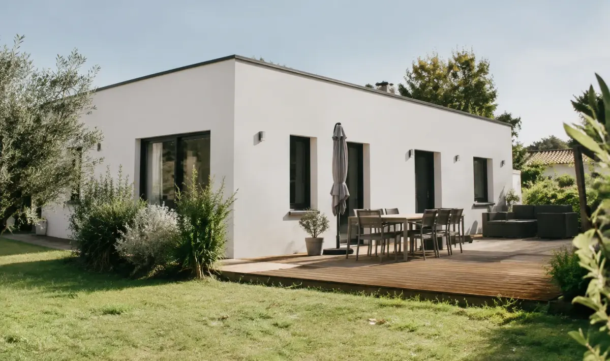 Maison basse murs blancs, toiture plate et terrasse