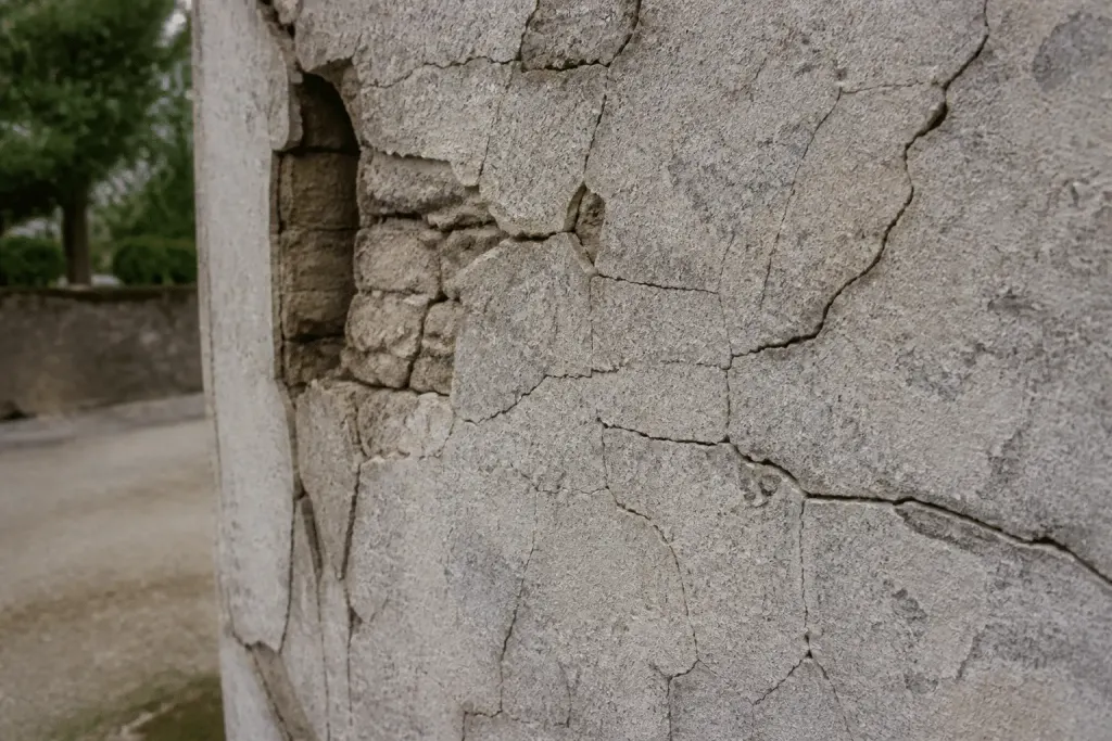 Mur ancien fissuré montrant réseau de fissures dans mortier rigide