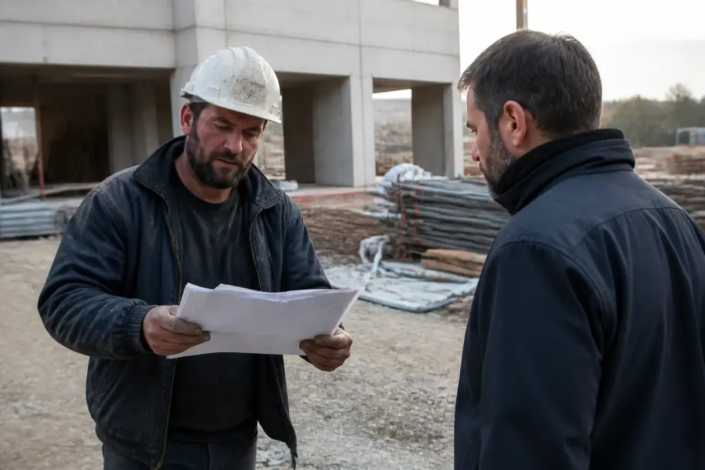 Ouvrier montrant papiers garantie sur chantier