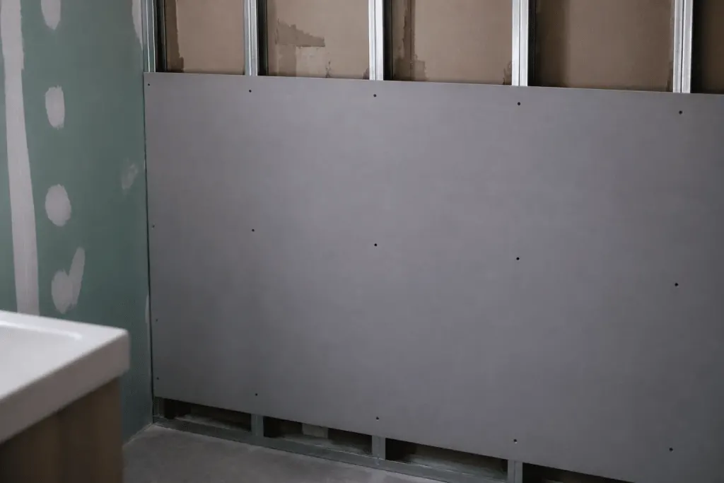 Plaque hydrofuge grise fixée sur ossature métallique salle bain