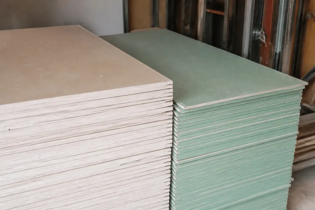 Plaques de plâtre standard et hydrofuge empilées côte à côte